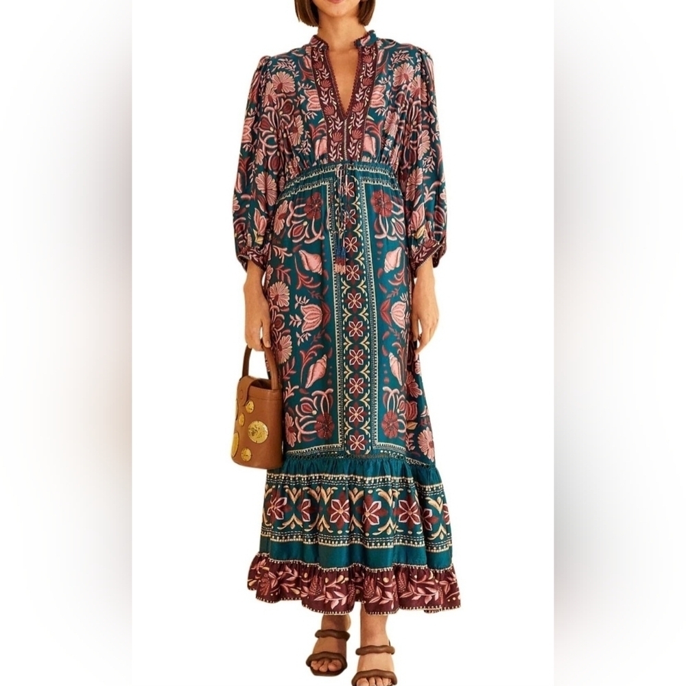 Farm Rio Seashell Tapestry Printed 3/4-Sleeve Maxi Dress Size XS